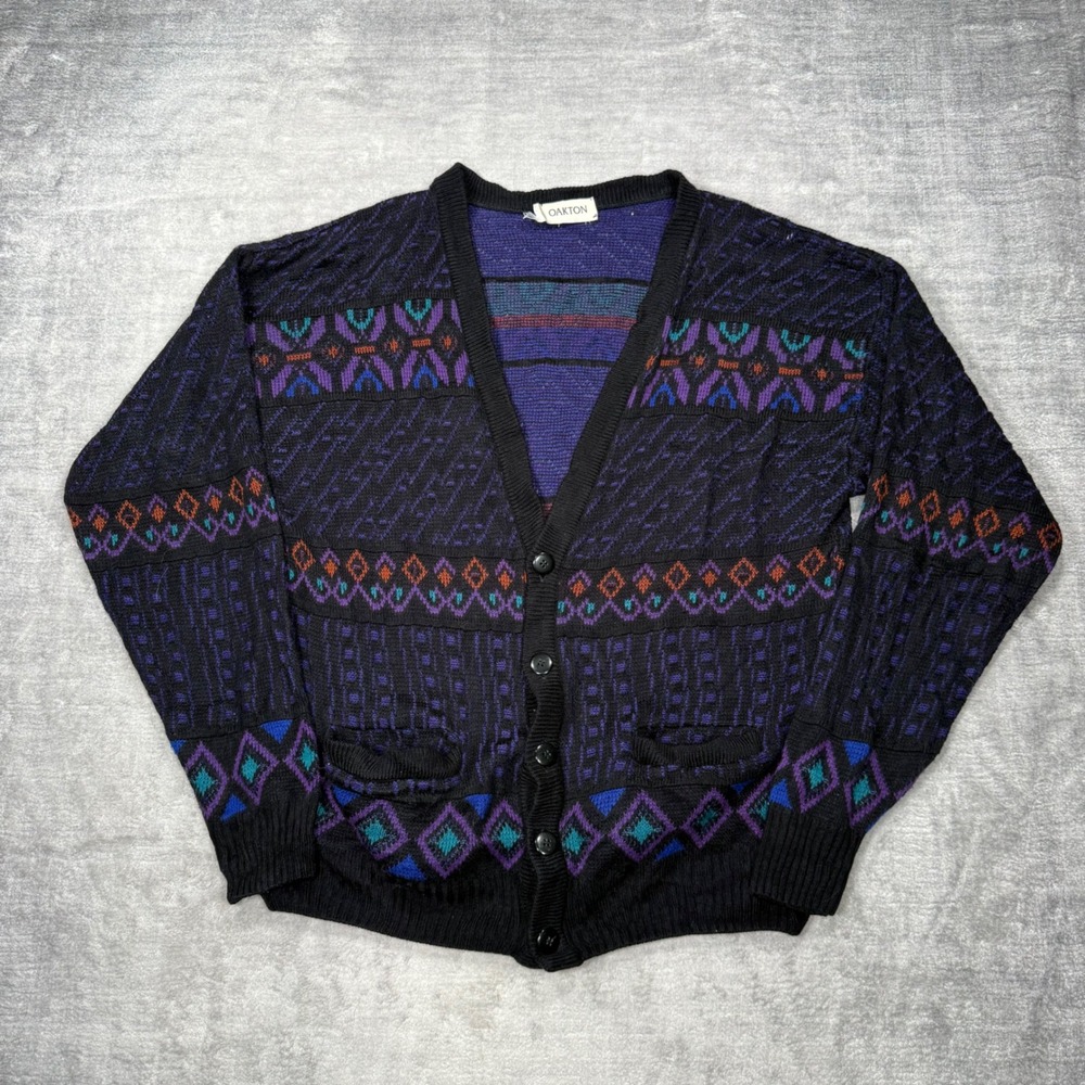 Oakton Sweater Mens XL Black Purple Geometric Knit Cardigan Vintage 90s Preppy
